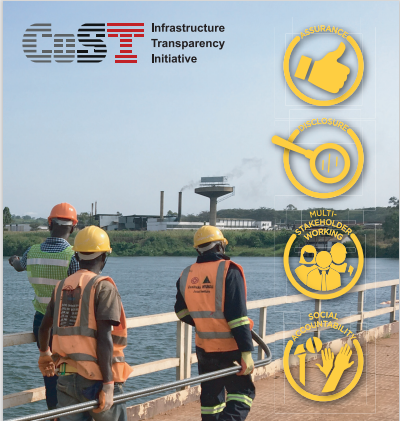 Front cover of the annual report, with engineers in CoST vests walking, and four signs representing multi-stakeholder working; disclosure; assurance and social accountability