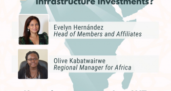 Graphic which reads "Who benefits from infrastructure investments" with images of Olive and Evelyn and the Africa map in the background