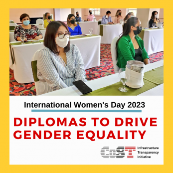 Graphic which reads "International Women's Day. Diplomas to drive gender equality" with CoST logo and image of women from diploma course