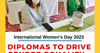 Graphic which reads "International Women's Day. Diplomas to drive gender equality" with CoST logo and image of women from diploma course