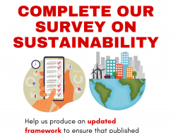 Graphic which reads "Complete our survey on sustainability. Help us produce an updated framework to ensure that published data supports sustainable infrastructure"