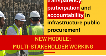 Graphic with yellow and red detailing which reads “ Improving transparency, participation and accountability in infrastructure public procurement” on the upper right, “NEW MODULE:MULTI-STAKEHOLDER WORKING” centre of the page and “Tuesday June 13th, 9am-11am EDT” and “Free training webinar in collaboration with the World Bank" on the lower right and an image of CoST members in the assurance process on the left hand side. A CoST logo is in the upper right corner.